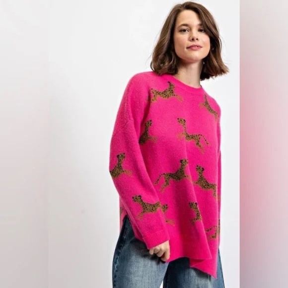 Easel Los Angeles Sweaters - NEW EASEL PLUS SIZE 3X CHEETAH PATTERNED SWEATER RELAXED FIT COZY SIDE SLIT